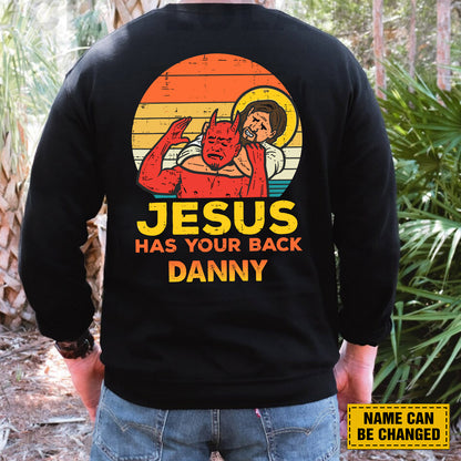 Teesdily | Customized Jesus And Devil Shirt, Jesus Has You Back Back Design Tee Sweatshirt Hoodie Mug, Jesus Lovers Gifts, Jesus Saves Me Shirt