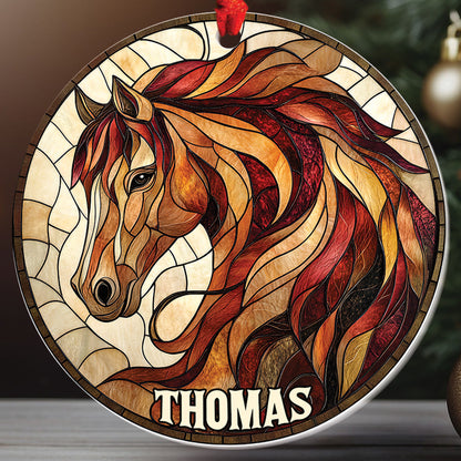 Teesdily | Personalized Horse Ornament, Christmas Horse Stained Glass Printed 2D Ornament, Horse Lover Gift Christmas Decor