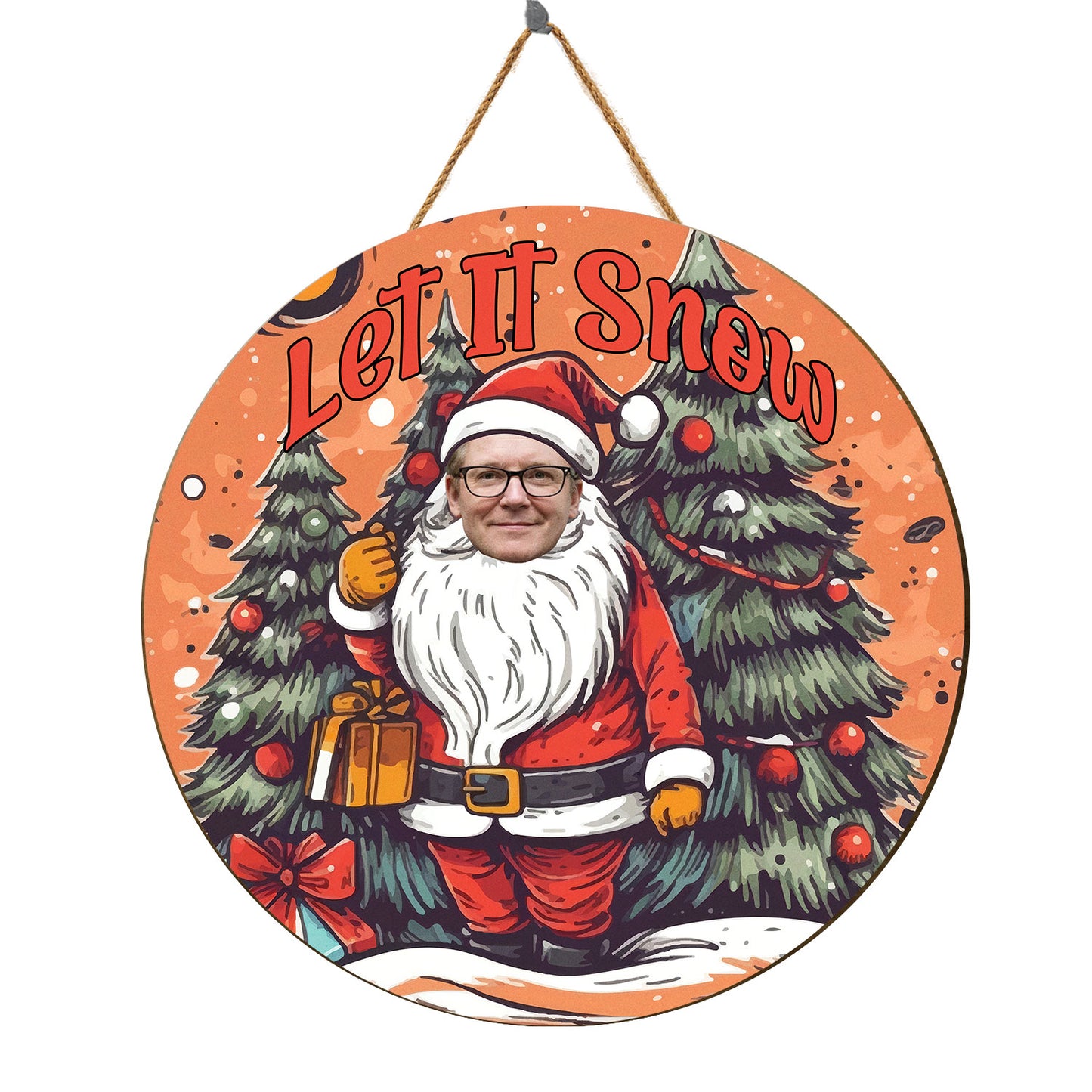 Teesdily | Customized Photo Santa Claus Cosplay Round Wood Sign Christmas Forest Wood Sign Home Decoration Christmas Humor Gifts For Family And Friend