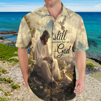 Teesdily | Jesus And Lamb Of God Hawaiian Shirt, Be Still & Know That I Am God Hawaii Shirt, Christian Cross Aloha Hawaii Set, Button Shirt, Dad Gift