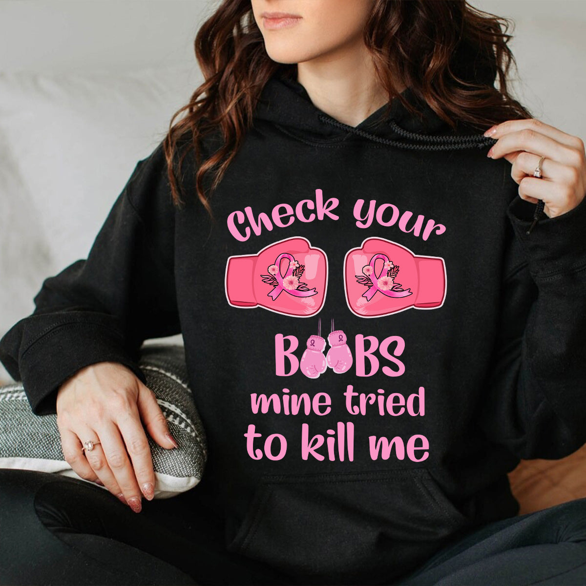 Teesdily | Check Your Boobs Mine Tries To Kill Me Shirt, Breast Cancer Sweatshirt, Cancer Awareness Pink Ribbon Hoodie Mug, Cancer Survivor Gifts