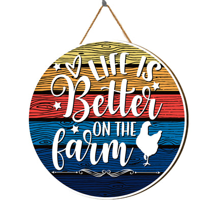 Teesdily | Thanksgiving Round Sign, Chicken Life Is Better On The Farm Sign, Chicken Farm Retro Wood Door Hanger, Farmer Farming Gifts, Farmhouse Sign