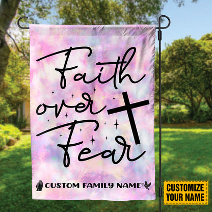 Teesdily | Faith Over Fear Customized Family Name Garden Flag, Jesus Tie Dye Classic House Flag, Hippie Home Garden Decor, Hippie Style Flag