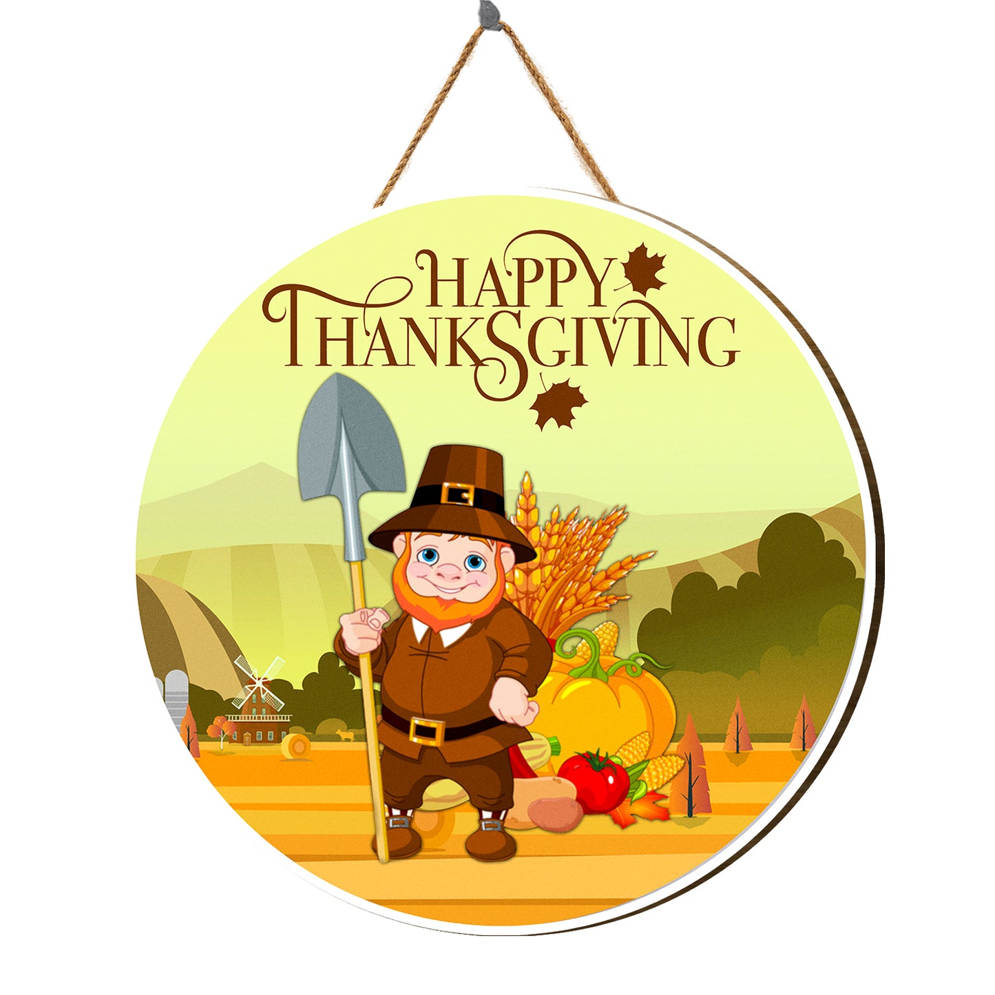 Teesdily | Pilgrim Thanksgiving Round Home Sign, Happy Thanksgiving Wood Sign, Funny Cosplay Harvest Season Sign, Front Door Decor