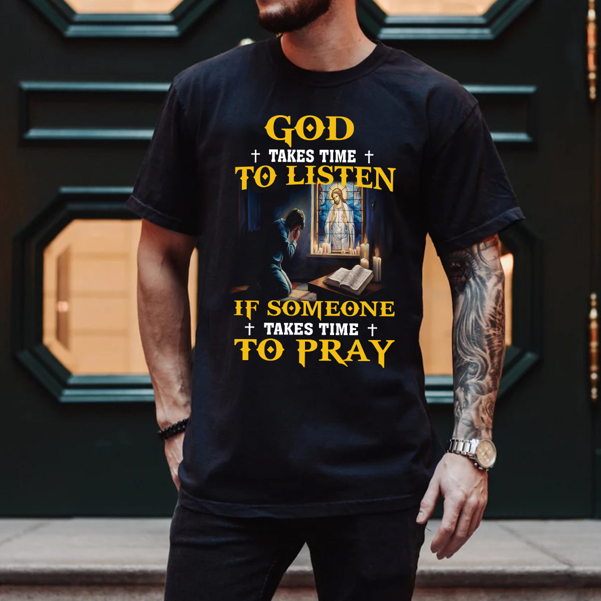 Teesdily | God Takes Time To Listen If Someone Takes Time To Pray Black Shirt, Gift Unisex T-shirt Hoodie Sweatshirt Size S-5XL / Mug 11-15oz