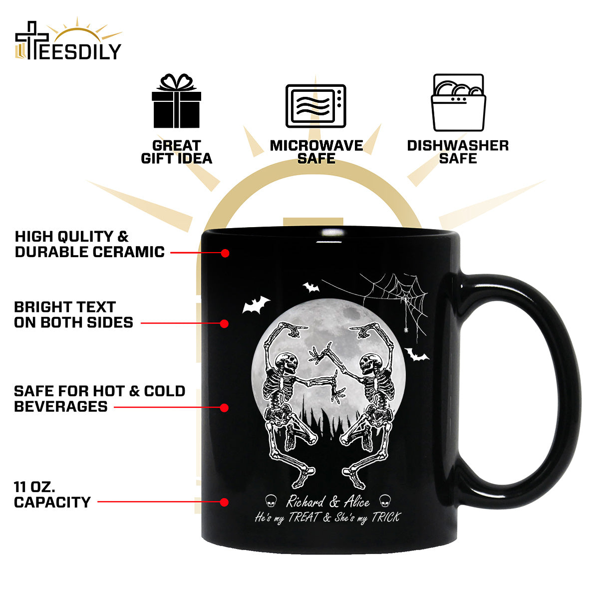 Teesdily | Customized Skeleton Shirt, Couple Skeleton Halloween Sweatshirt Hoodie Mug, Skeleton Treat Or Trick T-shirt, Anniversary Wedding Gifts