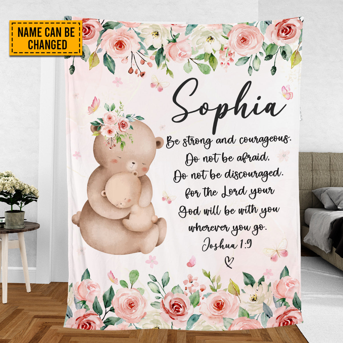 Teesdily | Bear Mom And Kid Personalized Fleece Blanket, God Verse Baby Blanket Gift, Baby Toddler Blanket, Floral Nursery Decor, Baby Shower Gifts