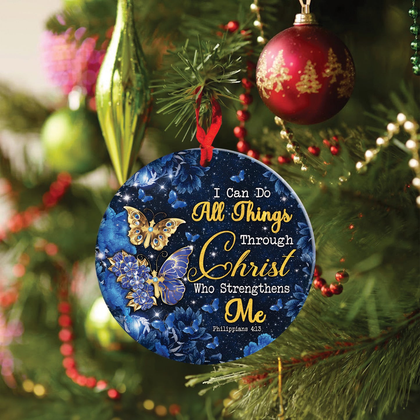 Teesdily | Jesus Butterfly Acrylic Ornament, I Can Do All Things Through Christ Ceramic Ornament, Christian Butterfly Lovers Gifts, Christmas Ornament