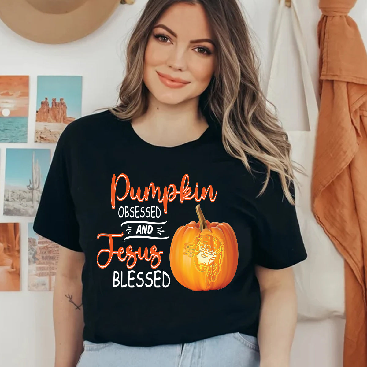 Teesdily | Jesus Pumpkin Shirt, Pumpkin Obsessed And Jesus Blessed Autumn Tee Sweatshirt Hoodie Mug, Christian Apparel, Pumpkin Jesus Lovers Gifts