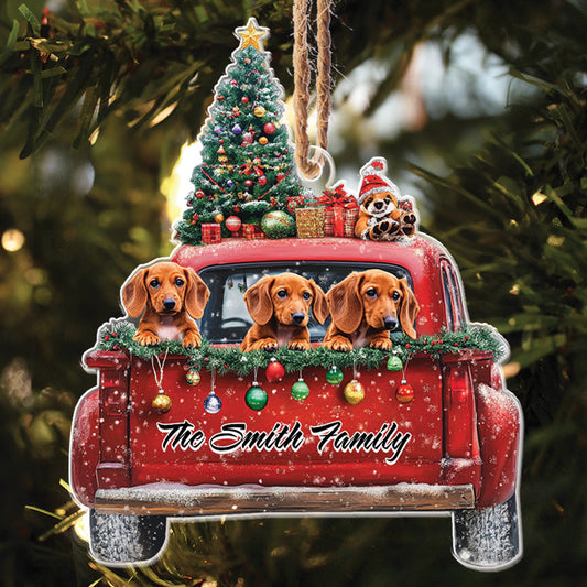 Teesdily | Customized Dachshund Mountain On Red Truck Christmas Ornament, Christmas Dog 2D Ornament, Dog Mom Pet Christmas Gift