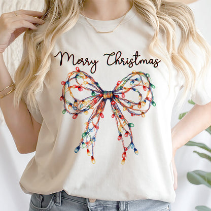 Teesdily | Merry Christmas Bow Light Shirt, Christmas Coquette Bow Sweatshirt, Merry And Bright Lights Bow Hoodie Mug For Women