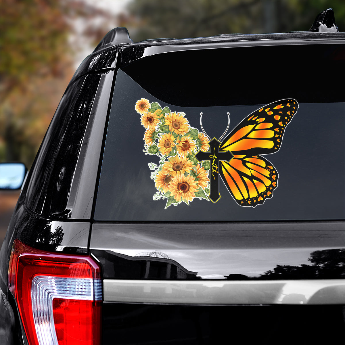 Teesdily | God Faith Butterfly Car Decal Sticker, Sunflower Faith Car Window Decal, Christian Car Decor, Jesus God Car Vinyl Decal