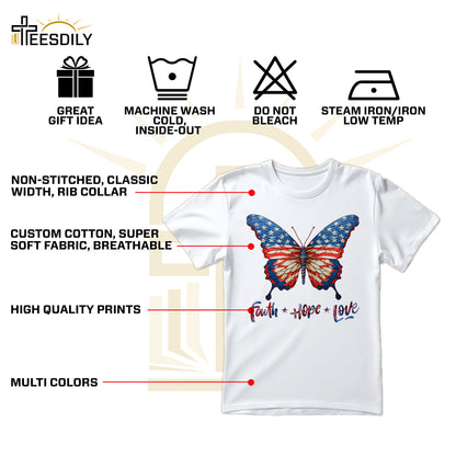 Teesdily | Jesus Butterfly American Flag Shirt, Faith Hope Love US Pride Patriotic T-shirt, Independence Day Sweatshirt Hoodie, Butterfly Lover Gifts