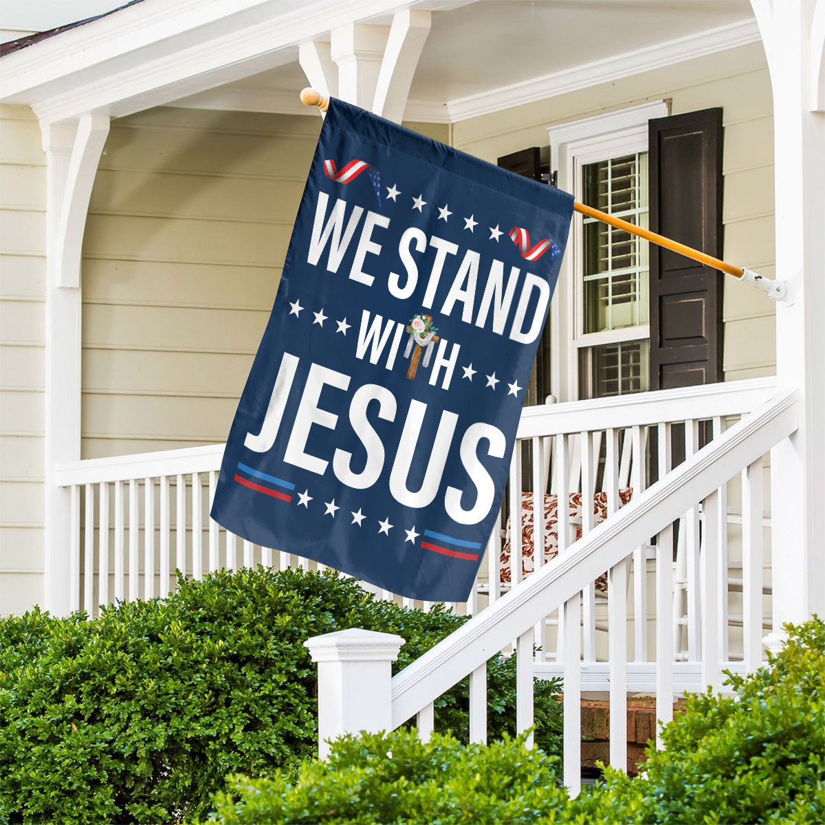 Teesdily | We Stand With Jesus House Flag, Christian Cross Flower Garden Flag, Christian Patriotic Yard Decor, Christ Banner Flag, Jesus Lovers Gifts