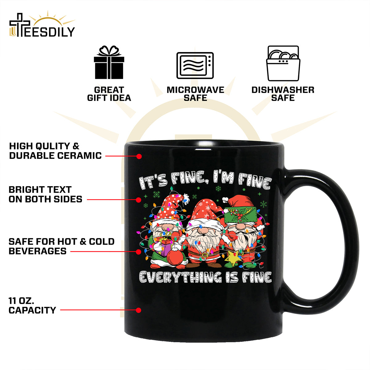 Teesdily | Christmas Gnomes Shirt, It's Fine I'm Fine Everything Is Fine Shirt, Funny Gnomes Christmas Hoodie Mug, Christmas Gnome Tee