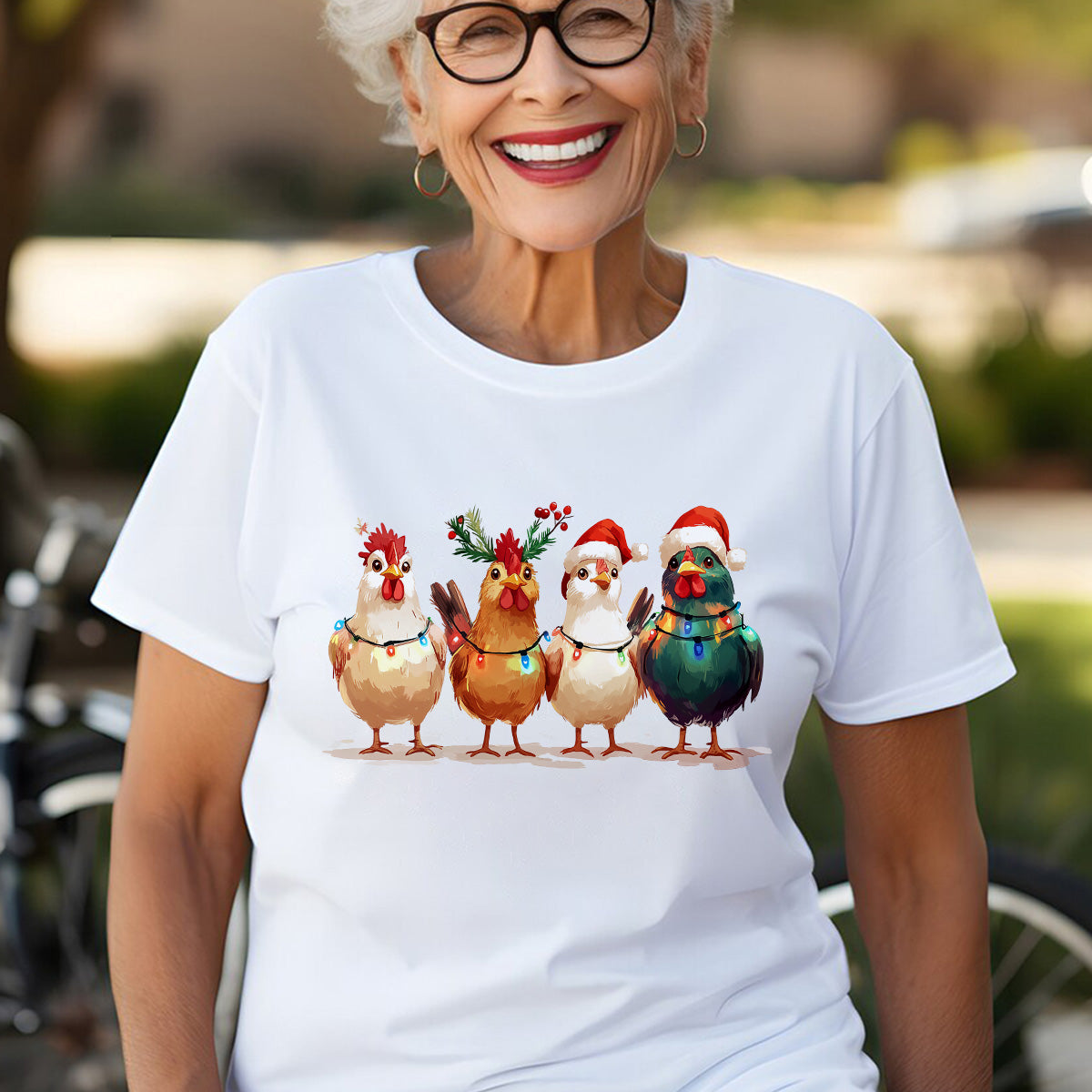 Teesdily | Christmas Chicken Light Shirt, Santa Chicken T-shirt, Farm Animal Sweatshirt, Christmas Farm Hoodie Mug, Chicken Lover Gift