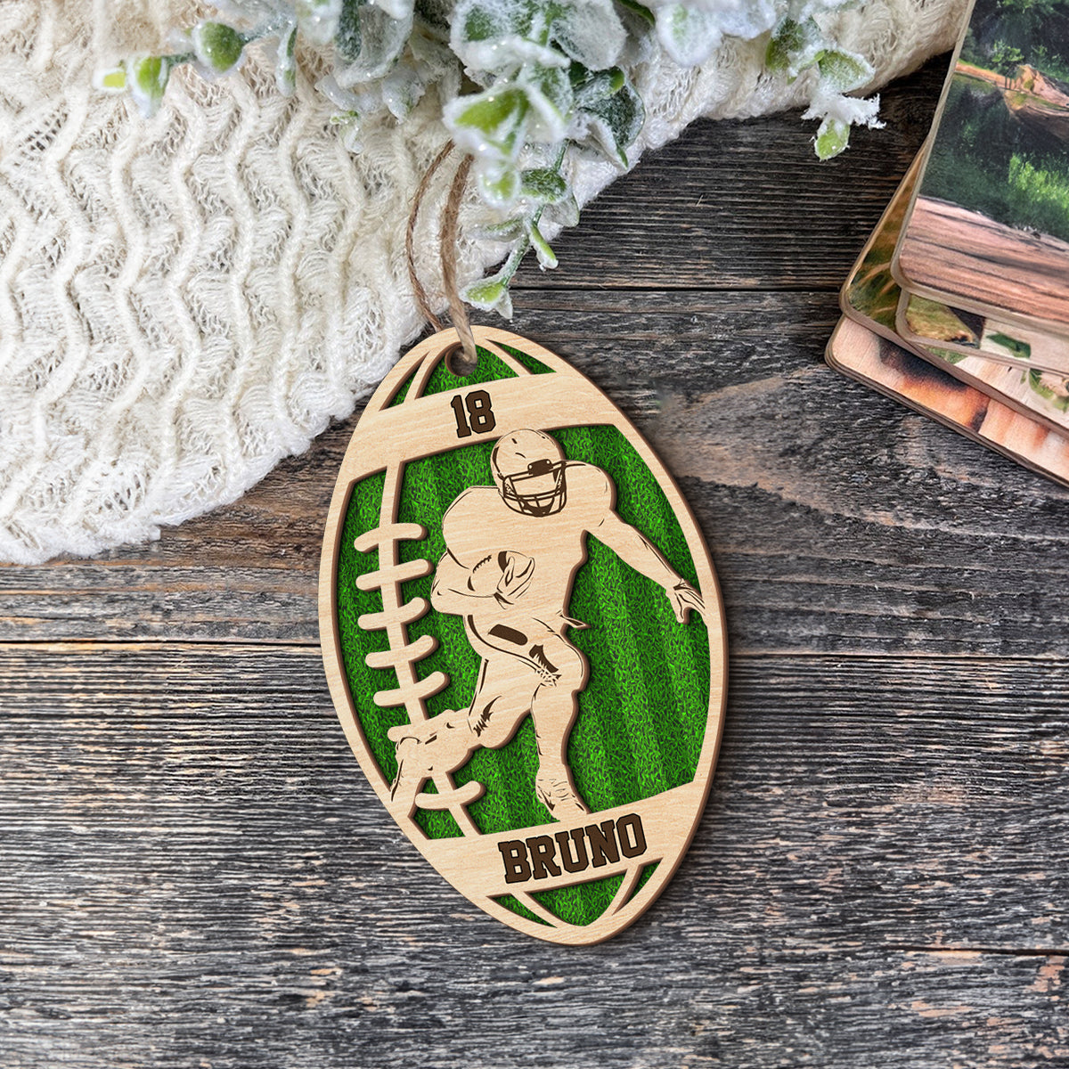 Teesdily | Personalized Football Wood Christmas Ornament, Custom Name Number Football Player, Sports Team Ornament, Christmas Gift