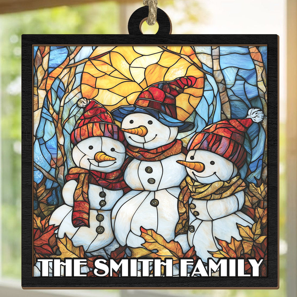 Teesdily | Customized Snowman Family Christmas Suncatcher, Christmas Snowman Stained Glass Suncatcher, Christmas Tree Decor Gift