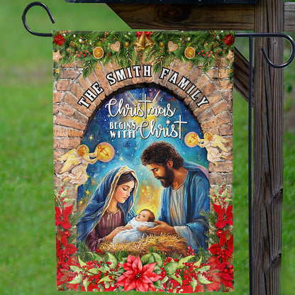 Teesdily | Customized Christmas Begins With Christ Garden Flag, Holy Family Jesus Christmas Flag House, Religious Christmas Gift