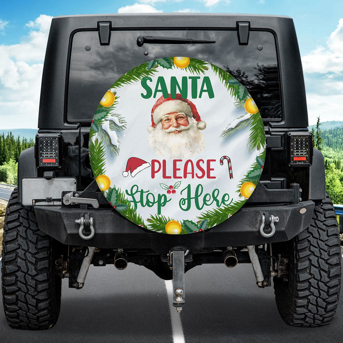 Teesdily | Santa Please Stop Here Car Spare Tire Cover, Christmas Wreath Santa Claus Wheel Cover, Christmas Car Tire Protector, Xmas Gift Decor