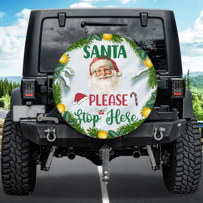 Teesdily | Santa Please Stop Here Car Spare Tire Cover, Christmas Wreath Santa Claus Wheel Cover, Christmas Car Tire Protector, Xmas Gift Decor