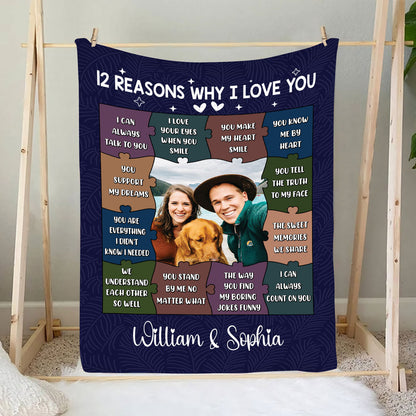 Teesdily | Couple Customize Blankets With Photos 12 Reasons Why I Love You Fleece Blanket Love Puzzles Warm Fleece Lover Valentine Anniversary Gifts