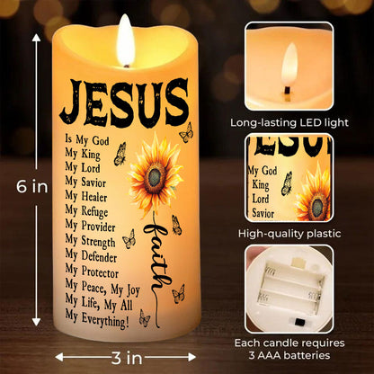 Teesdily | Personalized Jesus Is My God My King My Lord My Savior LED Candle, Jesus Christ Cross Sunflower Candle No Battery Gift