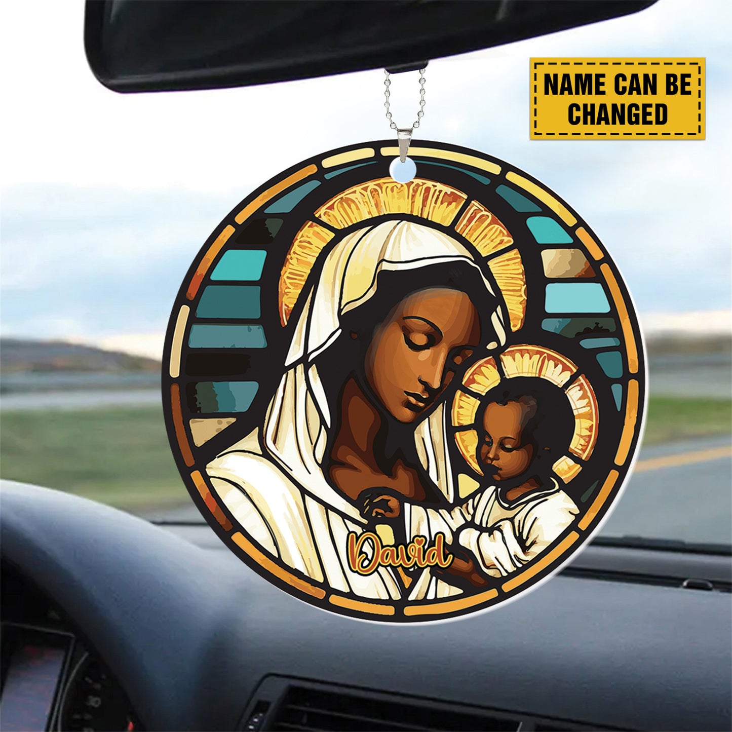 Teesdily | Customized Virgin Mary And Baby Jesus Acrylic Ornament, Merry Christmas Ceramic Car Hanging Ornament, Christmas Custom Gift