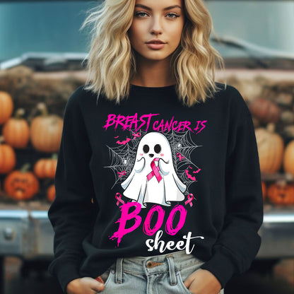 Teesdily | Pink Ribbon Breast Cancer Is Boo Sheet Shirt, Cute Halloween Ghost Boo Sweatshirt, Cancer Survivor Hoodie Mug