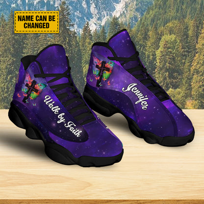 Teesdily | Customized Butterfly Jesus Cross Basketball Shoes, Walk By Faith Running Shoes, Christian Unisex Shoes With Thick Sole