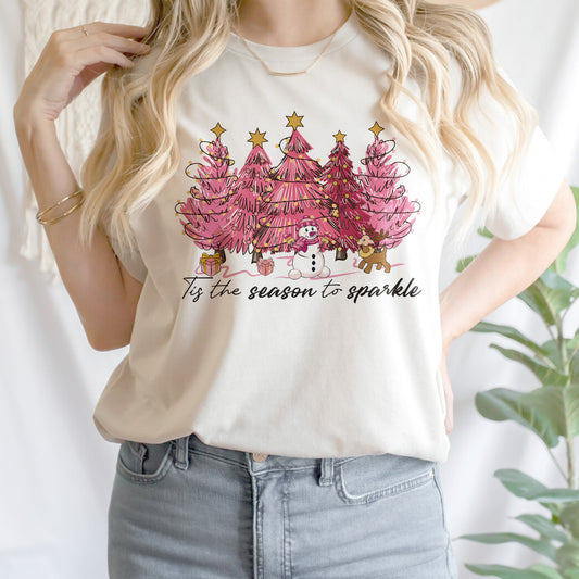 Teesdily | Pink Christmas Tree Snowman Christmas Shirt, Tis The Season To Sparkle Tee Sweatshirt Hoodie Mug, Christmas Gift