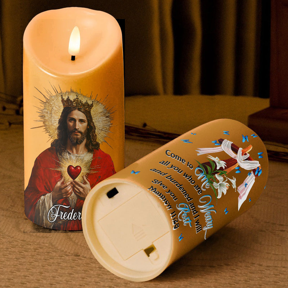 Teesdily | Custom Sacred Heart Of Jesus LED Candle No Battery, Jesus Prayer Cross Flower Candle, Religious Christmas Light Gift