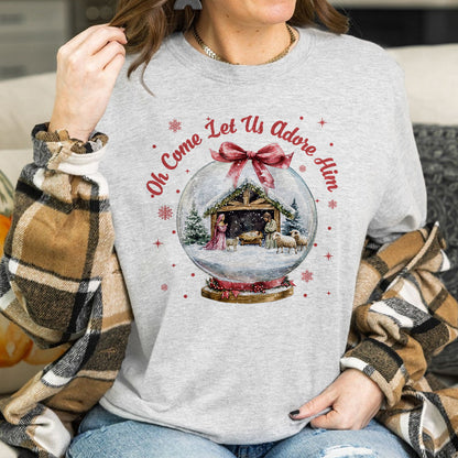 Teesdily | Nativity Scene Christmas Coquette Jesus Shirt, Oh Come Let Us Adore Him Sweatshirt Hoodie Mug, Oh Holy Night Shirt Xmas