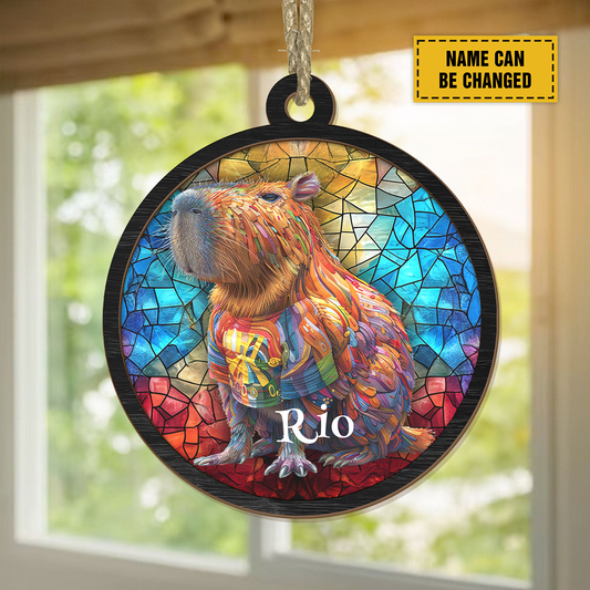 Teesdily | Customized Capybara Suncatcher, Capybara Stained Glass Suncatcher Christmas Decor Hanging, Capybara Lovers Gift, Chrismas Home Decor, Xmas Gifts