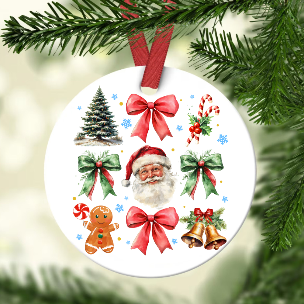 Teesdily | Retro Coquette Bow Christmas Ornament Decor, Snowman Merry Christmas Ornament, Bow Coquette Christmas Gift Family