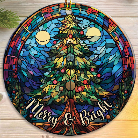 Teesdily | Merry And Bright Pine Tree Stained Glass Art Circle Ceramic Ornament, Pine Tree Acrylic Ornament, Jesus Lovers Gifts