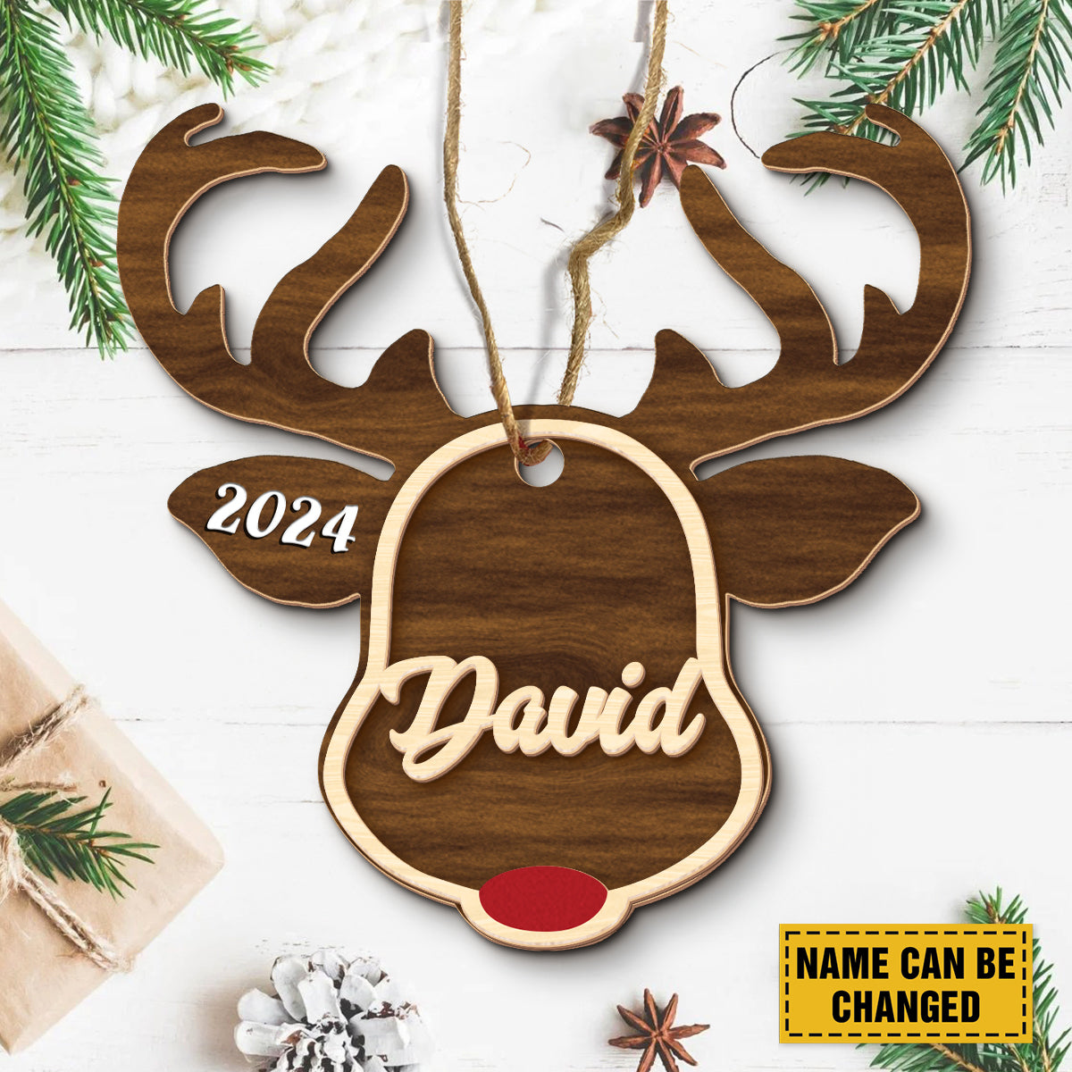 Teesdily | Customized Reindeer Rudolph Christmas Ornament, Family Name Deer Horn 2 Layered Wooden Ornaments, Home Decor 2024 Gift