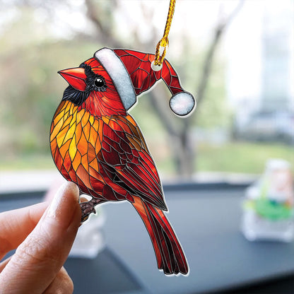 Teesdily | Cardinal Christmas Hat Stained Glass Printed Ornament Hanging, Cardinal Ornament Christmas Decoration, Christmas Gift