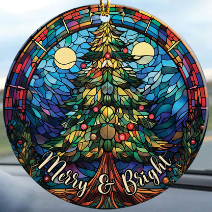 Teesdily | Merry And Bright Pine Tree Stained Glass Art Circle Ceramic Ornament, Pine Tree Acrylic Ornament, Jesus Lovers Gifts