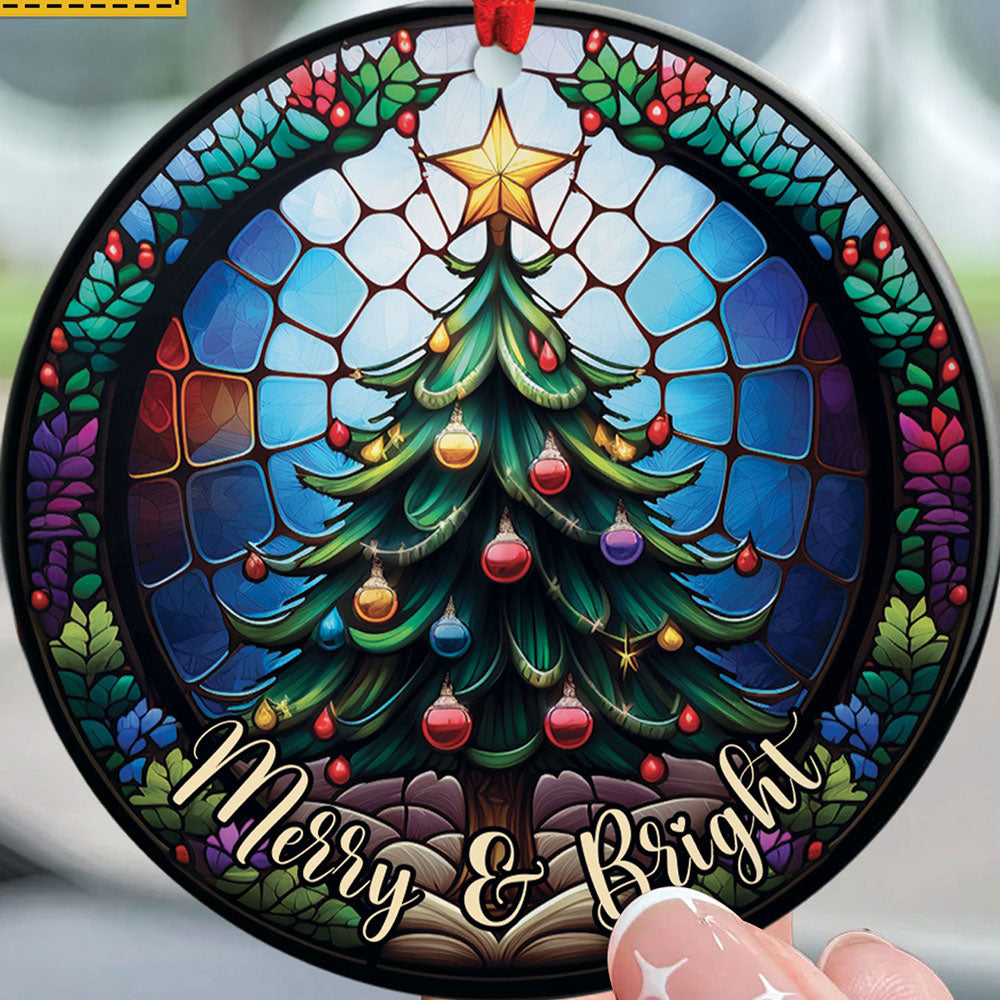 Teesdily | Merry And Bright Pine Tree Stained Glass Art Circle Ceramic Ornament, Pine Tree Acrylic Ornament, Jesus Lovers Gifts