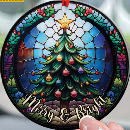 Teesdily | Merry And Bright Pine Tree Stained Glass Art Circle Ceramic Ornament, Pine Tree Acrylic Ornament, Jesus Lovers Gifts