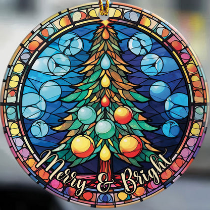 Teesdily | Merry And Bright Pine Tree Stained Glass Art Circle Ceramic Ornament, Pine Tree Acrylic Ornament, Jesus Lovers Gifts