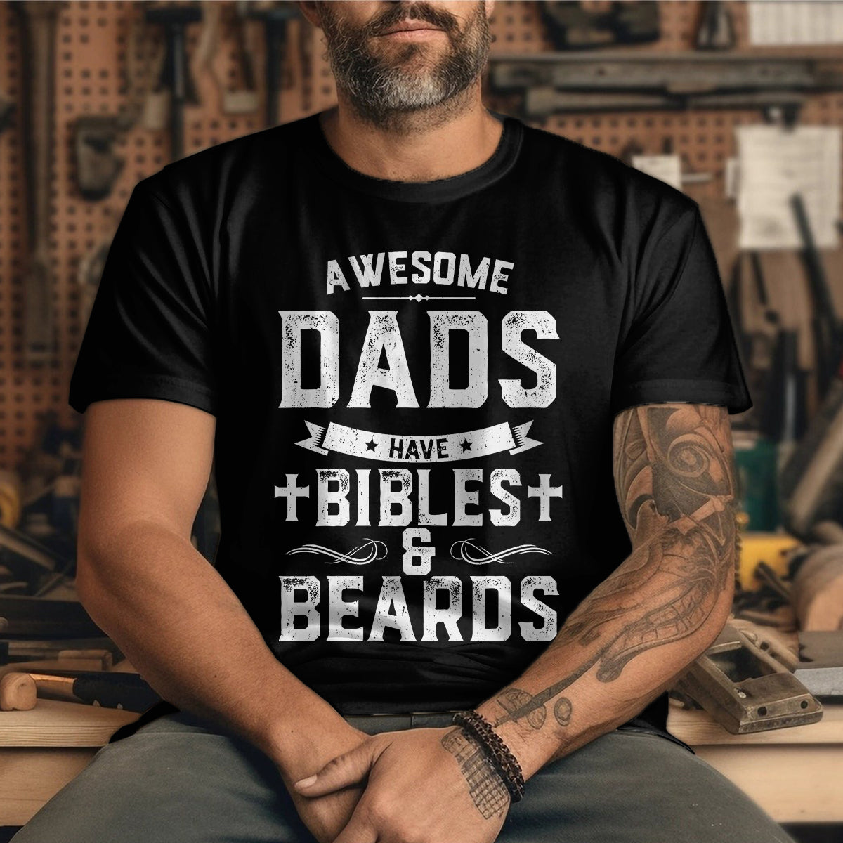 Teesdily | Awesome Dad Have Bibles And Beards Shirt Father's Day Gift, Jesus Lovers, Beards Man Tee, Christian Gifts, Daddy Tee Sweatshirt Hoodie Mug