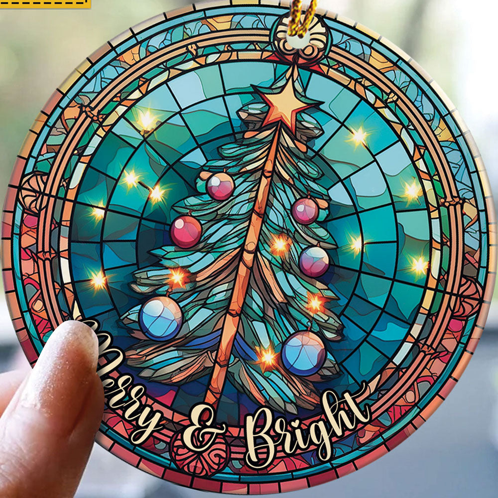 Teesdily | Merry And Bright Pine Tree Stained Glass Art Circle Ceramic Ornament, Pine Tree Acrylic Ornament, Jesus Lovers Gifts