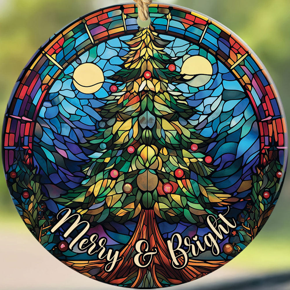 Teesdily | Merry And Bright Pine Tree Stained Glass Art Circle Ceramic Ornament, Pine Tree Acrylic Ornament, Jesus Lovers Gifts