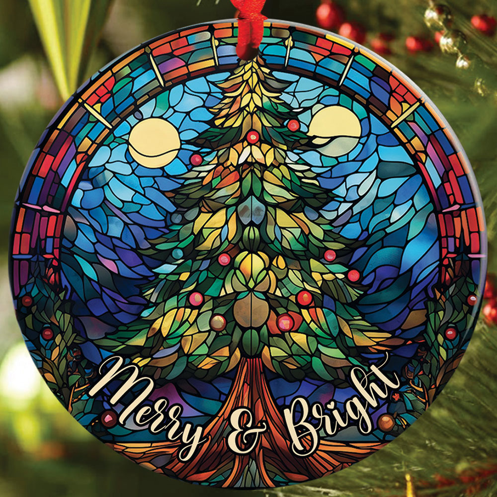 Teesdily | Merry And Bright Pine Tree Stained Glass Art Circle Ceramic Ornament, Pine Tree Acrylic Ornament, Jesus Lovers Gifts