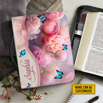 Teesdily | God Bible Verse Custom Bible Cover Peony Butterfly Bible Holder Faith Does Not Make Things Easy It Makes Theme Possible Christian Gift