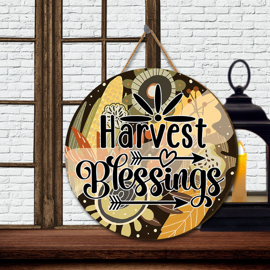 Teesdily | Autumn Harvest Blessings Thanksgiving Round Wood Sign Happy Autumn Home Decoration Outdoor Rustic Sign Farmhouse Decor Housewarming Gifts