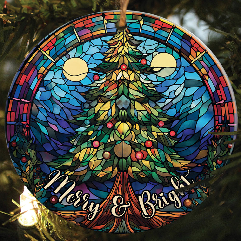 Teesdily | Merry And Bright Pine Tree Stained Glass Art Circle Ceramic Ornament, Pine Tree Acrylic Ornament, Jesus Lovers Gifts