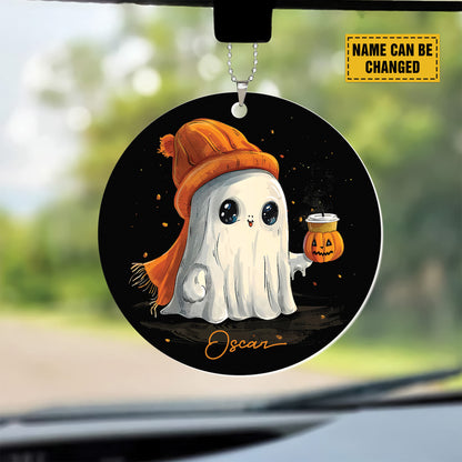 Teesdily | Personalized Halloween Cute Ghost Pumpkin Ornament, Happy Halloween Plastic Car Hanging Ornament, Halloween Decor Gifts